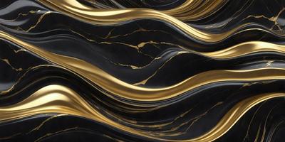 The primary subject of the image is a black and gold marble-like pattern. The setting is a black background, and the visual style appears to be a combination of a photo and digital art. The dominant colors are black and gold, creating a luxurious and elegant atmosphere.