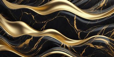The primary subject of the image is a marble wall with a gold design. The setting is a room with a black background. The visual style is a combination of photo and digital art, creating a unique and intricate pattern. The dominant colors are gold and black, giving the wall a luxurious and elegant appearance.