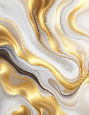 The primary subject of the image is a white and gold marble-like pattern. The setting is a white background, and the visual style appears to be a combination of a photo and digital art. The dominant colors are white and gold, creating a luxurious and elegant atmosphere.