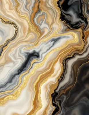 The primary subject of the image is a marble-like stone with a gold and black color scheme. The setting is a close-up of the stone, showcasing its intricate patterns and textures. The visual style is a combination of natural and man-made elements, creating a unique and eye-catching design. The colors and mood of the image are bold and luxurious, with the gold and black tones evoking a sense of sophistication and elegance.