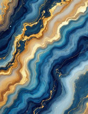 The primary subject of the image is a blue and gold striped pattern, which is displayed on a blue background. The visual style of the image is a combination of photo and digital art, creating a unique and eye-catching design. The colors and mood of the image are predominantly blue and gold, with a sense of depth and richness.