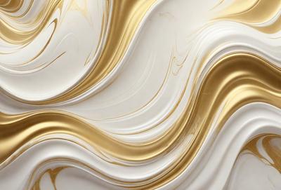 The primary subject of the image is a white and gold wallpaper with a swirling pattern. The setting is a room with a white background, and the visual style appears to be a combination of a photo and a digital art or illustration. The dominant colors are white and gold, creating a warm and elegant atmosphere.