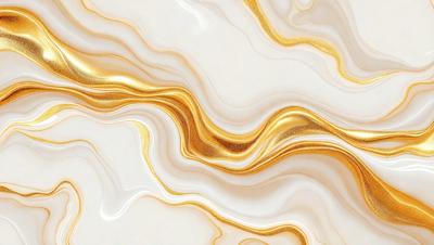 The primary subject of the image is a gold and white marble pattern. The setting is a white marble wall, and the visual style is a close-up of the marble pattern. The dominant colors are gold and white, creating a luxurious and elegant atmosphere.