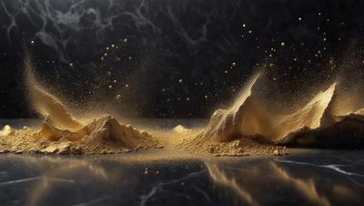The primary subject of the image is a pile of yellow powder, which appears to be a mix of sand and gold. The setting is a black background, which contrasts with the yellow powder, creating a striking visual effect. The visual style of the image is a combination of photo and digital art, as it captures the movement and texture of the powder. The colors and mood of the image are predominantly yellow and gold, giving it a warm and vibrant atmosphere.