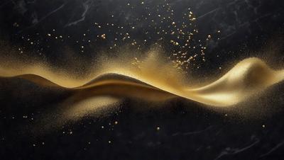 The primary subject of the image is a close-up of a gold-colored substance, possibly a liquid or a powder, with a black background. The setting appears to be a dark room, and the visual style is a combination of a photo and a digital artwork. The colors in the image are predominantly gold and black, creating a warm and sophisticated atmosphere.