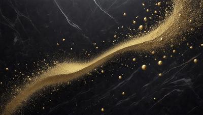 The primary subject of the image is a stream of gold or yellow powder, which appears to be falling or flowing down a black background. The setting is a black marble surface, which adds a contrasting element to the scene. The visual style of the image is a combination of a photo and digital art, creating a unique and eye-catching effect. The dominant colors in the image are gold and black, giving it a luxurious and dramatic atmosphere.