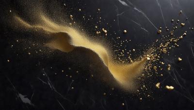 The primary subject of the image is a close-up of a yellow substance, possibly a powder or a liquid, being blown or stirred. The setting is a black background, which contrasts with the yellow substance. The visual style appears to be a close-up of a pattern or texture, possibly a digital art or illustration. The dominant colors are yellow and black, creating a vibrant and dynamic atmosphere.