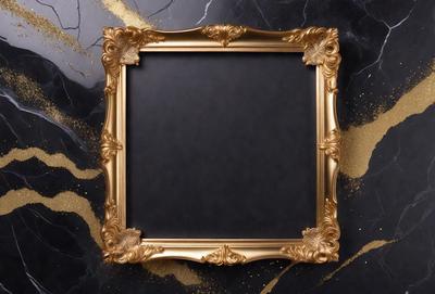 The primary subject of the image is a gold-framed picture with a black background. The setting is a marble table, and the visual style is a combination of a photo and digital art. The colors are predominantly gold and black, creating a sophisticated and elegant atmosphere.