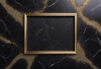 The primary subject of the image is a black and gold frame. The setting is a black marble surface, which serves as the background. The visual style is a combination of a photo and digital art, creating a unique and eye-catching design. The colors and mood of the image are predominantly black and gold, giving it a sophisticated and elegant appearance.