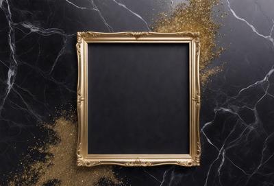 The primary subject of the image is a gold-framed picture with a black background. The setting is a black and gold marble surface, which adds a luxurious touch to the scene. The visual style is a combination of a photo and digital art, creating a unique and eye-catching presentation. The colors and mood of the image are predominantly gold and black, giving it a sophisticated and elegant appearance.
