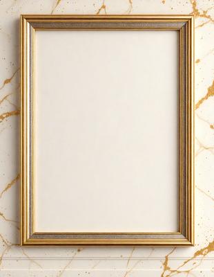The primary subject of the image is a white frame with a gold border. The setting is a marble table, and the visual style is a photo. The colors and mood of the image are predominantly white and gold, giving it a sophisticated and elegant appearance.