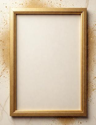 The primary subject of the image is a white frame with a gold border. The setting is a marble table, and the visual style is a photo. The colors and mood of the image are predominantly white and gold, giving it a sophisticated and elegant appearance.