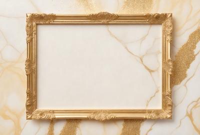 The primary subject of the image is a gold-framed picture with a white background. The setting is a marble wall, which adds a luxurious and elegant touch to the scene. The visual style is a combination of a photo and a drawing, creating a unique and artistic appearance. The colors and mood of the image are predominantly gold and white, giving it a warm and sophisticated ambiance.