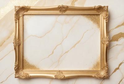 The primary subject of the image is a gold frame with a white marble background. The setting is a room with a marble surface, and the visual style is a combination of a photo and digital art. The colors and mood of the image are predominantly gold and white, creating a sense of elegance and sophistication.