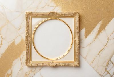The primary subject of the image is a gold frame with a white background. The frame is placed on a marble surface, which adds a sense of elegance and sophistication to the scene. The visual style of the image is a combination of photo and digital art, creating a unique and artistic representation of the gold frame and white background. The colors and mood of the image are predominantly neutral, with the gold frame and white background providing a sense of warmth and timelessness.