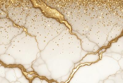 The primary subject of the image is a marble surface with gold accents. The setting is a white marble countertop, and the visual style is a close-up of the marble surface. The colors and mood of the image are predominantly white and gold, creating a luxurious and elegant atmosphere.