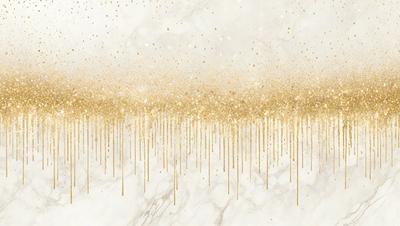 The primary subject of the image is a pattern of gold glitter dripping down a white marble wall. The setting is a white marble wall, and the visual style is a digital art or illustration. The dominant colors are gold and white, creating a luxurious and elegant atmosphere.