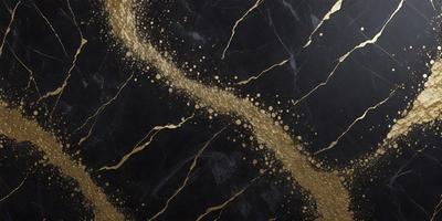 The primary subject of the image is a marble countertop with a gold-like pattern. The setting is a kitchen, and the visual style is a combination of a photo and digital art. The dominant colors are black and gold, creating a luxurious and elegant atmosphere.