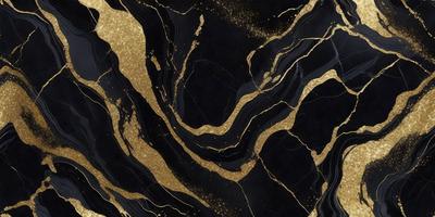 The primary subject of the image is a marble table with a gold and black pattern. The setting is a black and gold marble table, and the visual style is a close-up of the table. The colors and mood of the image are predominantly black and gold, creating a luxurious and elegant atmosphere.