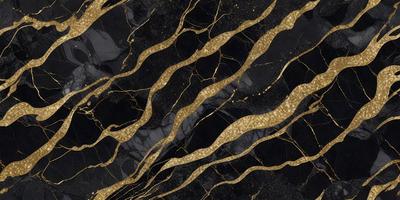 The primary subject of the image is a marble countertop with a gold-colored design. The setting is a kitchen, and the visual style is a close-up of the countertop. The colors and mood of the image are predominantly black and gold, creating a luxurious and elegant atmosphere.
