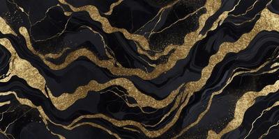 The primary subject of the image is a black and gold marble-like surface. The setting is a dark room, and the visual style appears to be a combination of a photo and digital art. The colors and mood of the image are predominantly dark, with the gold and black colors creating a striking contrast.