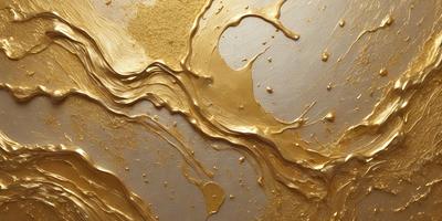 The primary subject of the image is a close-up of a gold-colored substance, possibly a liquid or a foamy substance, with a shiny and reflective appearance. The setting is a table, and the visual style is a close-up, which emphasizes the gold-colored substance. The colors and mood of the image are predominantly gold and shiny, creating a sense of luxury and sophistication.