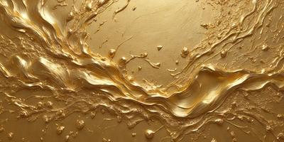 The primary subject of the image is a close-up of a gold-colored substance, possibly a liquid or a foamy substance, with a yellowish hue. The setting appears to be a surface with a patterned texture, possibly a wall or a piece of art. The visual style of the image is a close-up, which emphasizes the gold-colored substance and its texture. The colors and mood of the image are warm and inviting, with the gold color evoking a sense of luxury
