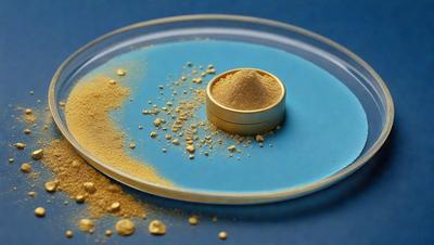 The primary subject of the image is a gold ring sitting on a blue plate. The ring is placed in the center of the plate, surrounded by a few small rocks. The setting appears to be a table, and the visual style is a close-up of the ring and the plate. The colors in the image are predominantly blue and gold, creating a sense of elegance and sophistication.