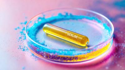 The primary subject of the image is a yellow pill, which is placed on a colorful surface. The setting appears to be a laboratory or a similar environment, as the pill is sitting in a beaker. The visual style of the image is a combination of photo and digital art, creating a vibrant and lively atmosphere. The dominant colors in the image are yellow, pink, blue, and green, which contribute to the overall mood of the scene.
