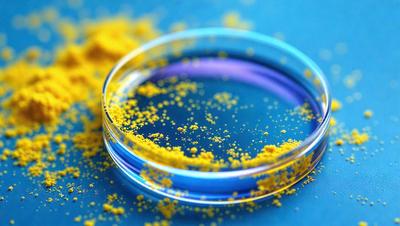 The primary subject of the image is a yellow substance, possibly a powder or a liquid, contained within a glass container. The setting is a blue surface, which serves as the background for the scene. The visual style of the image is a close-up of the yellow substance, showcasing its texture and color. The dominant colors in the image are yellow and blue, creating a vibrant and lively atmosphere.