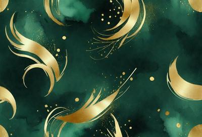 The primary subject of the image is a gold and green patterned background. The setting is a green and gold background with gold swirls and a green background. The visual style is a digital art or illustration, creating a unique and eye-catching design. The colors and mood of the image are vibrant and lively, with the gold and green colors creating a sense of warmth and energy.