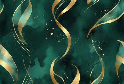 The primary subject of the image is a green background with gold swirls and lines. The setting is a colorful and artistic environment, possibly a painting or a digital artwork. The visual style is a combination of digital art and illustration, creating a unique and eye-catching design. The colors and mood of the image are vibrant and lively, with the gold swirls and lines adding a touch of elegance and sophistication.
