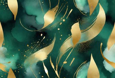 The primary subject of the image is a painting featuring a woman's face. The setting is a green background, and the visual style appears to be a digital art or illustration. The colors in the painting are predominantly gold and green, creating a warm and serene atmosphere.