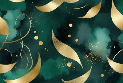 The primary subject of the image is a gold and green patterned background. The setting is a dark green background with gold and green swirls, and the visual style is a combination of digital art and illustration. The colors and mood of the image are predominantly dark and moody, with the gold and green swirls adding a touch of warmth and vibrancy.