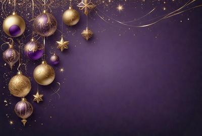 The primary subject of the image is a purple wall with gold stars and ornaments hanging from it. The setting is a purple background, and the visual style is a combination of photo and digital art. The colors and mood of the image are predominantly purple and gold, creating a warm and festive atmosphere.