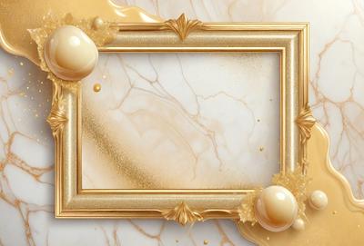 The primary subject of the image is a gold frame with a marble background. The setting is a white marble surface, and the visual style is a combination of photo and digital art. The colors and mood of the image are warm and elegant, with the gold frame and marble background creating a luxurious and sophisticated atmosphere.