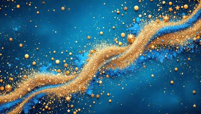The primary subject of the image is a blue background with gold stars and a gold ribbon. The setting is a space-themed background, and the visual style is a digital art or illustration. The dominant colors are blue and gold, creating a sense of depth and a warm, inviting atmosphere.