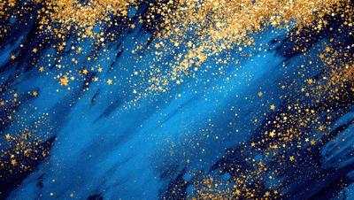 The primary subject of the image is a blue background with gold stars scattered across it. The setting appears to be a night sky, with the stars creating a sense of depth and dimension. The visual style of the image is a combination of digital art and illustration, giving it a unique and artistic appearance. The dominant colors in the image are blue and gold, creating a serene and calming atmosphere.