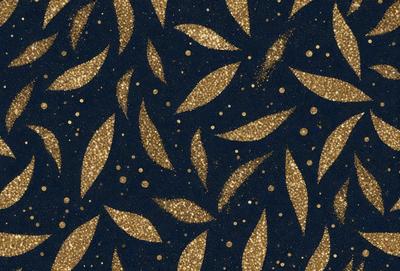 The primary subject of the image is a pattern of gold and blue leaves on a blue background. The setting appears to be a night sky, with stars scattered throughout the scene. The visual style is a combination of digital art and illustration, creating a unique and eye-catching design. The dominant colors are gold, blue, and black, giving the pattern a rich and sophisticated appearance. The overall atmosphere is one of elegance and beauty, with the gold and blue leaves creating a sense of luxury and refinement.