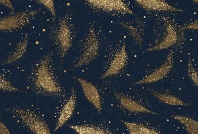 The primary subject of the image is a blue background with gold stars and leaves. The setting appears to be a night sky, with the stars and leaves creating a patterned and textured background. The visual style of the image is a combination of digital art and illustration, giving it a unique and artistic appearance. The dominant colors in the image are blue and gold, creating a sense of depth and contrast. The overall atmosphere of the image is one of beauty and creativity, with the gold stars and leaves adding a touch of elegance and