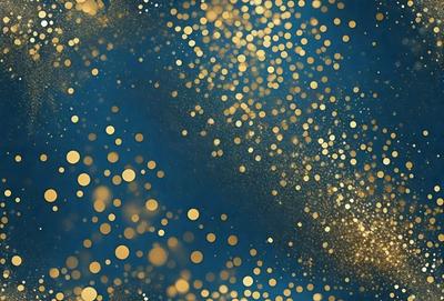 The primary subject of the image is a brightly lit background featuring a blue sky with a multitude of gold sparkles or glittering lights. The setting appears to be a nighttime scene, with the lights creating a captivating and luminous atmosphere. The visual style of the image is a combination of a photo and digital art, as it captures the beauty of the sparkling lights against the dark blue sky. The colors and mood of the image are predominantly gold and blue, creating a sense of warmth and