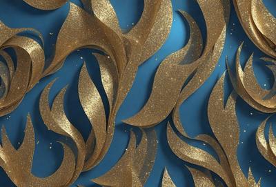 The primary subject of the image is a wall with a pattern of gold and blue colors. The setting is a blue background, and the visual style appears to be a combination of digital art and illustration. The dominant colors are gold and blue, creating a warm and inviting atmosphere.