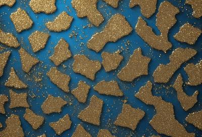 The primary subject of the image is a pattern of gold stars on a blue background. The setting is a blue table, and the visual style is a combination of photo and digital art. The dominant colors are gold and blue, creating a warm and inviting atmosphere.