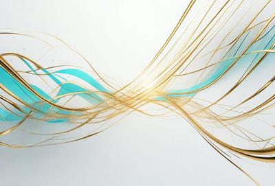 The primary subject of the image is a gold and blue swirl pattern. The setting is a white wall, and the visual style appears to be a digital art or illustration. The dominant colors are gold and blue, creating a sense of movement and energy in the artwork.