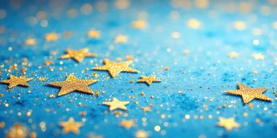 The primary subject of the image is a blue background with a pattern of gold stars. The setting appears to be a night sky, with the stars shining brightly against the dark blue background. The visual style of the image is a combination of a photo and digital art, creating a unique and eye-catching design. The colors and mood of the image are predominantly dark and moody, with the gold stars providing a touch of warmth and brightness.