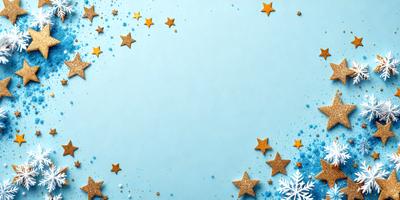 The primary subject of the image is a blue background with a pattern of stars. The setting is a blue sky, and the visual style is a combination of digital art and illustration. The dominant colors are blue and gold, creating a calm and serene atmosphere.