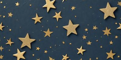 The primary subject of the image is a star-filled night sky. The setting is a dark blue background, which contrasts with the bright stars. The visual style is a combination of a photo and digital art, creating a realistic yet artistic representation of the night sky. The colors and mood are predominantly dark and moody, with the stars being the main source of light and warmth in the scene.