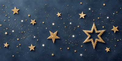 The primary subject of the image is a starry night sky, with a backdrop of a dark blue surface. The visual style is a combination of photo and digital art, creating a realistic yet artistic representation of the night sky. The colors and mood are predominantly dark and moody, with the stars and the night sky being the main focus of the image.