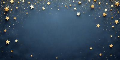 The primary subject of the image is a blue wall with a pattern of stars on it. The setting is a dark room, and the visual style appears to be a combination of a photo and digital art. The dominant colors are blue and gold, creating a calm and serene atmosphere.