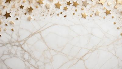The primary subject of the image is a marble countertop with a pattern of stars on it. The setting is a kitchen, and the visual style is a photo. The countertop has a white marble surface with a pattern of stars, giving it a clean and elegant appearance. The overall atmosphere is one of sophistication and luxury.